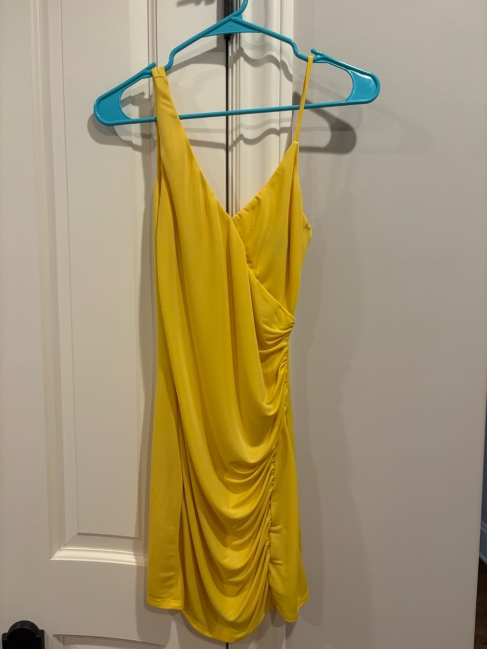 h:ours Yellow Asymmetrical Draped Spaghetti-Strap Dress